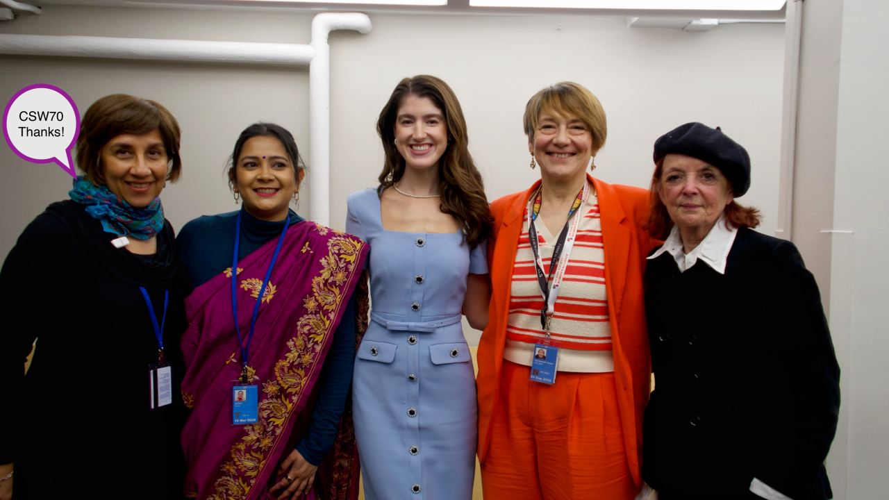 Photo credit: UK Civil Society Women's Alliance. L-R: Gisèle Yasmeen, Heena Singh Cheung, Natalie Turney, Zarin Hainsworth and Jocelynne Scutt